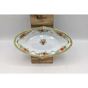 Vintage Nippon Hand painted Oblong Side Butter Dish Bowl Pink & Red Flowers